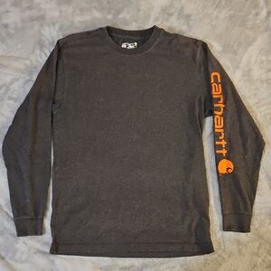 Carhartt Dark Gray Long Sleeve Shirt with Vibrant Orange Sleeve Logo Small